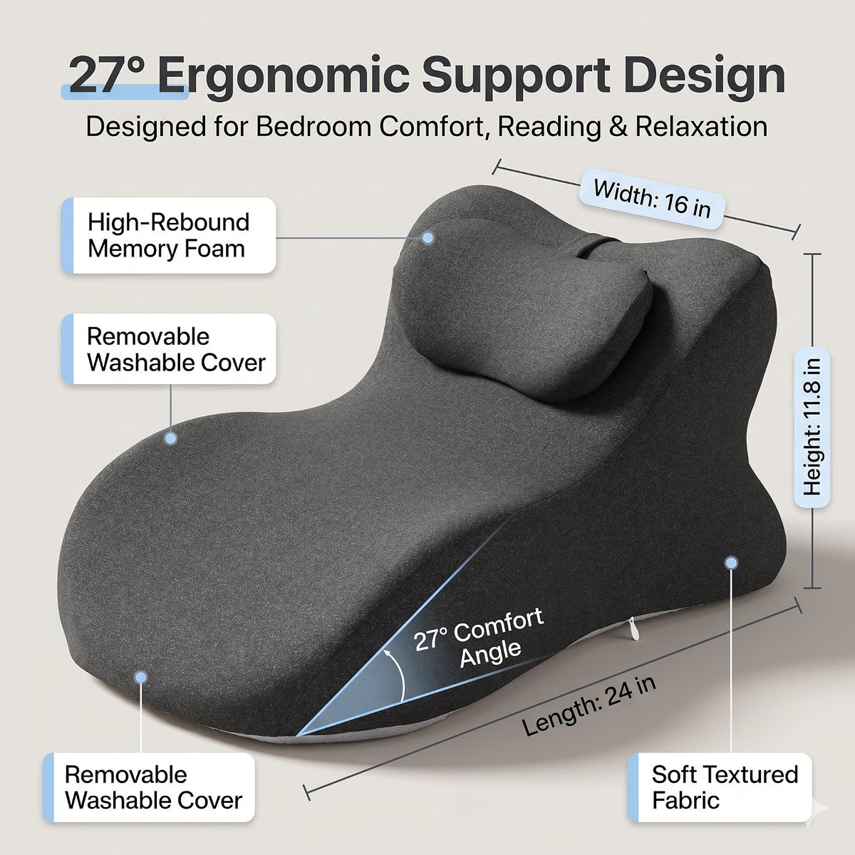 Couples Pillow, 27° Ergonomic Wedge Pillow with Memory Foam for Reading, Reclining & Lounging, Back Hip Leg Positioning Support with Removable Cover (deep Grey)
