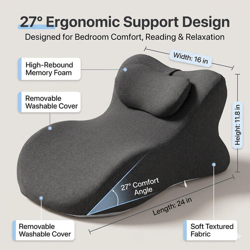 Couples Pillow, 27° Ergonomic Wedge Pillow with Memory Foam for Reading, Reclining & Lounging, Back Hip Leg Positioning Support with Removable Cover (deep Grey)