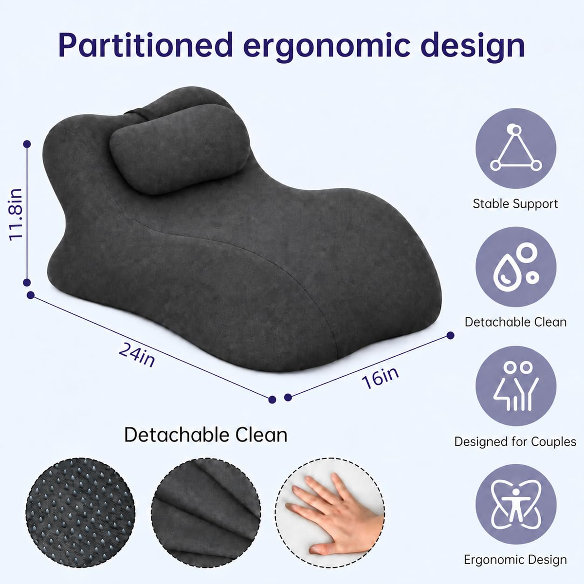 Ergonomic Memory Foam Wedge Pillow, 27 Degree Pillow for Reading, Reclining & Face Down Use, Wide Positioning Support for Back, Waist, Hips & Legs, Removable Washable Cover (deep Grey)