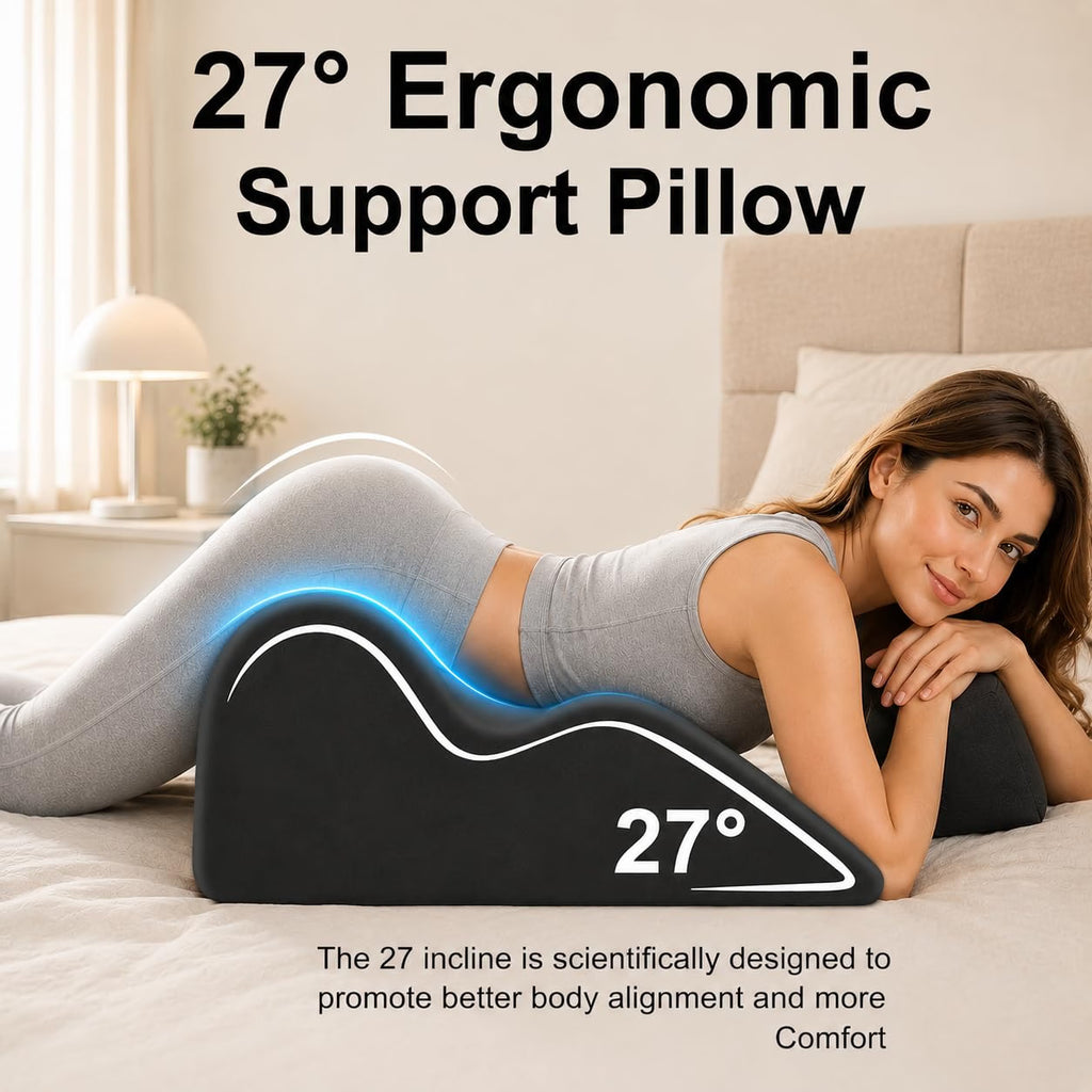 Couples Pillow, 27° Ergonomic Wedge Pillow with Memory Foam for Reading, Reclining & Lounging, Back Hip Leg Positioning Support with Removable Cover (deep Grey)