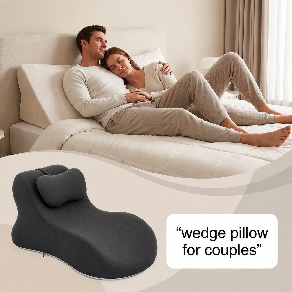 Couples Pillow, 27° Ergonomic Wedge Pillow with Memory Foam for Reading, Reclining & Lounging, Back Hip Leg Positioning Support with Removable Cover (deep Grey)